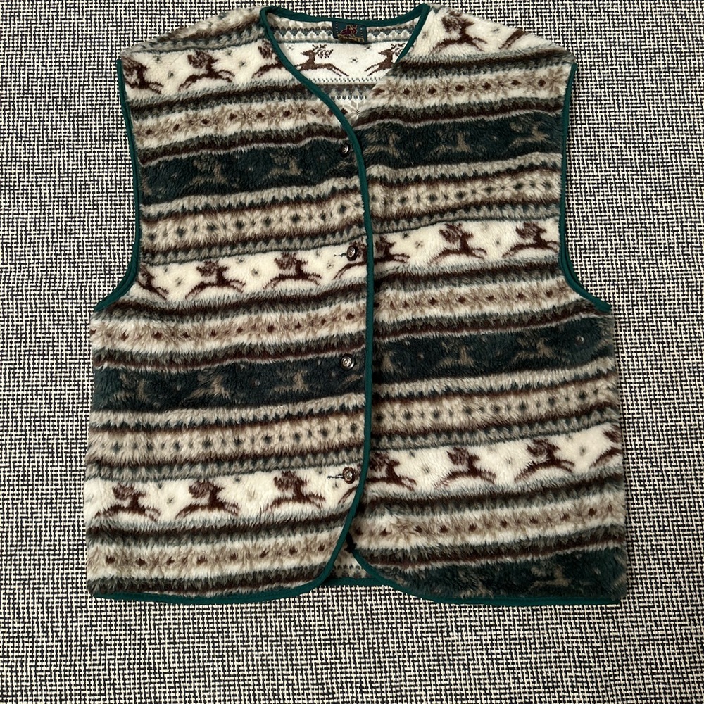 Vintage winter Fleece Vest with Green Trim